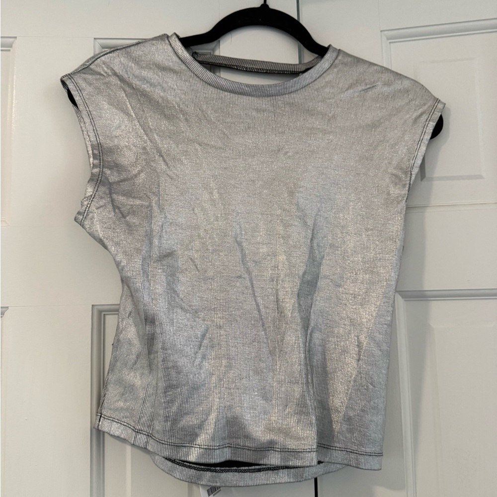 Zara Metallic Silver Short Sleeve Top